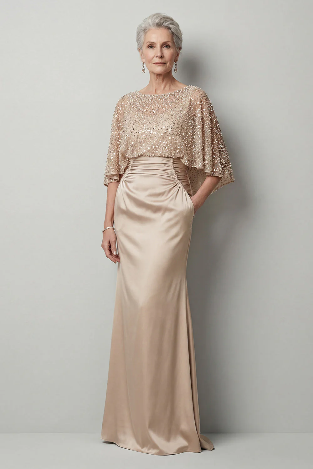 Sparkly Champagne Sequin Long Mermaid Mother of the Bride Dress with Pockets