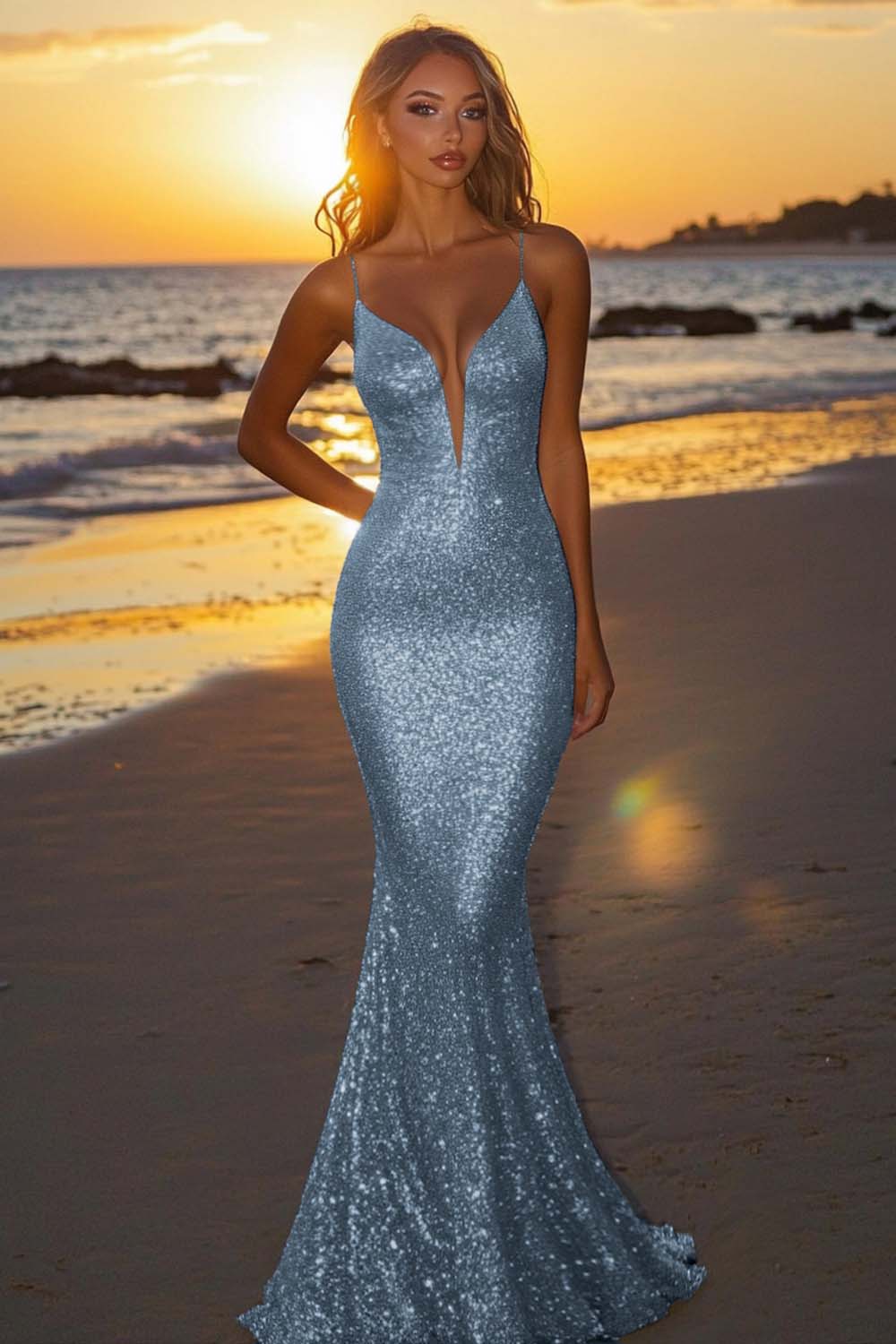 Sparkly Silver Backless Mermaid Long Evening Dress with Sequins - Image 16