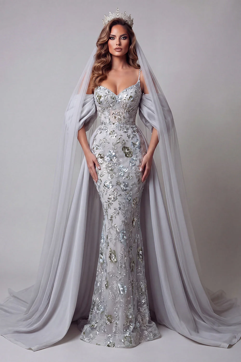 Sparkly Silver Mermaid Sequin Long Spaghetti Straps Evening Dress with Cape
