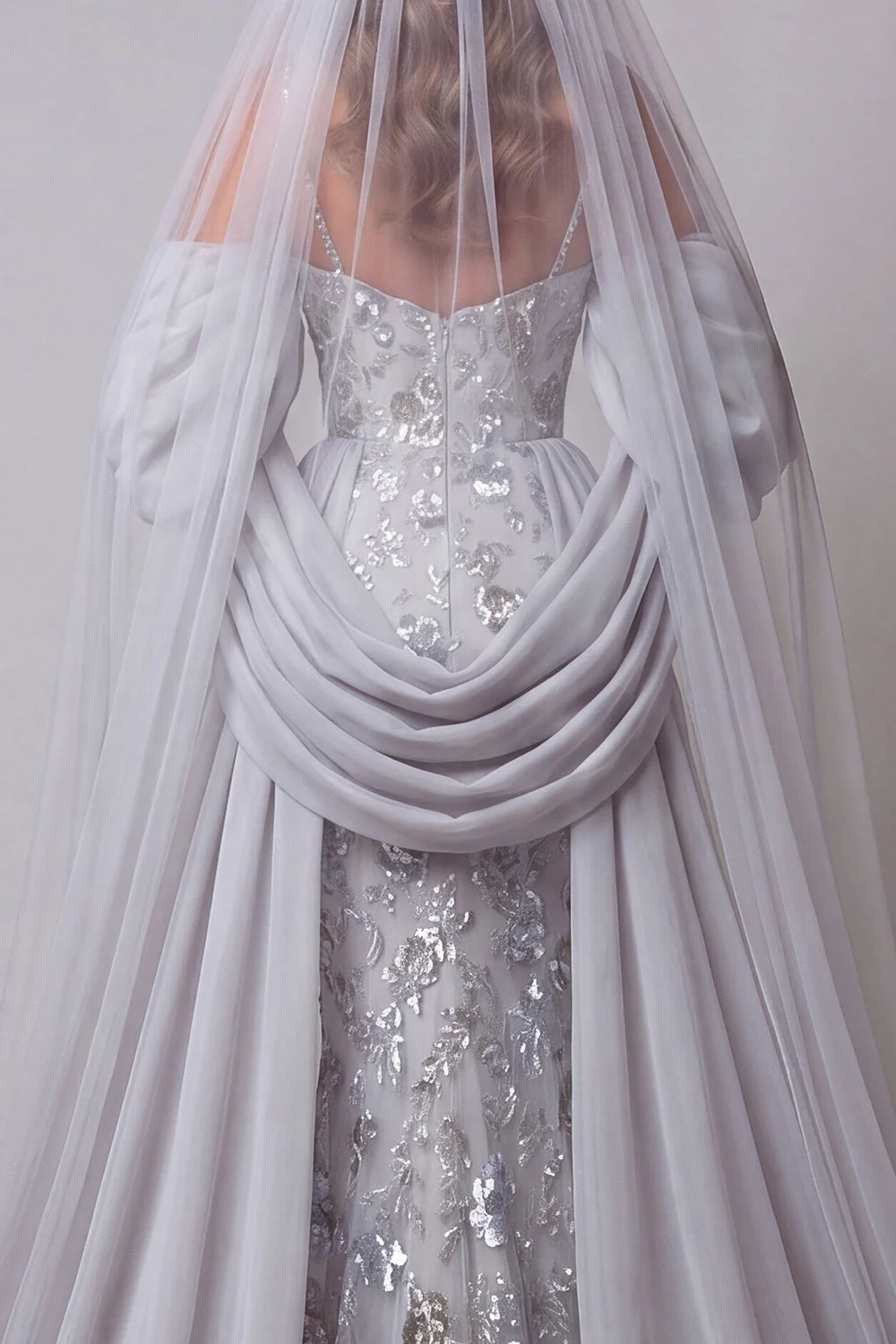Sparkly Silver Mermaid Sequin Long Spaghetti Straps Evening Dress with Cape - Image 4