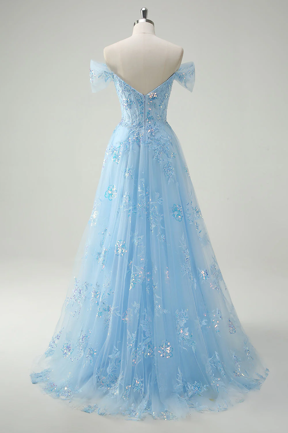 Sparkly Sky Blue Off The Shoulder A-Line Prom Dress with Slit - Image 2