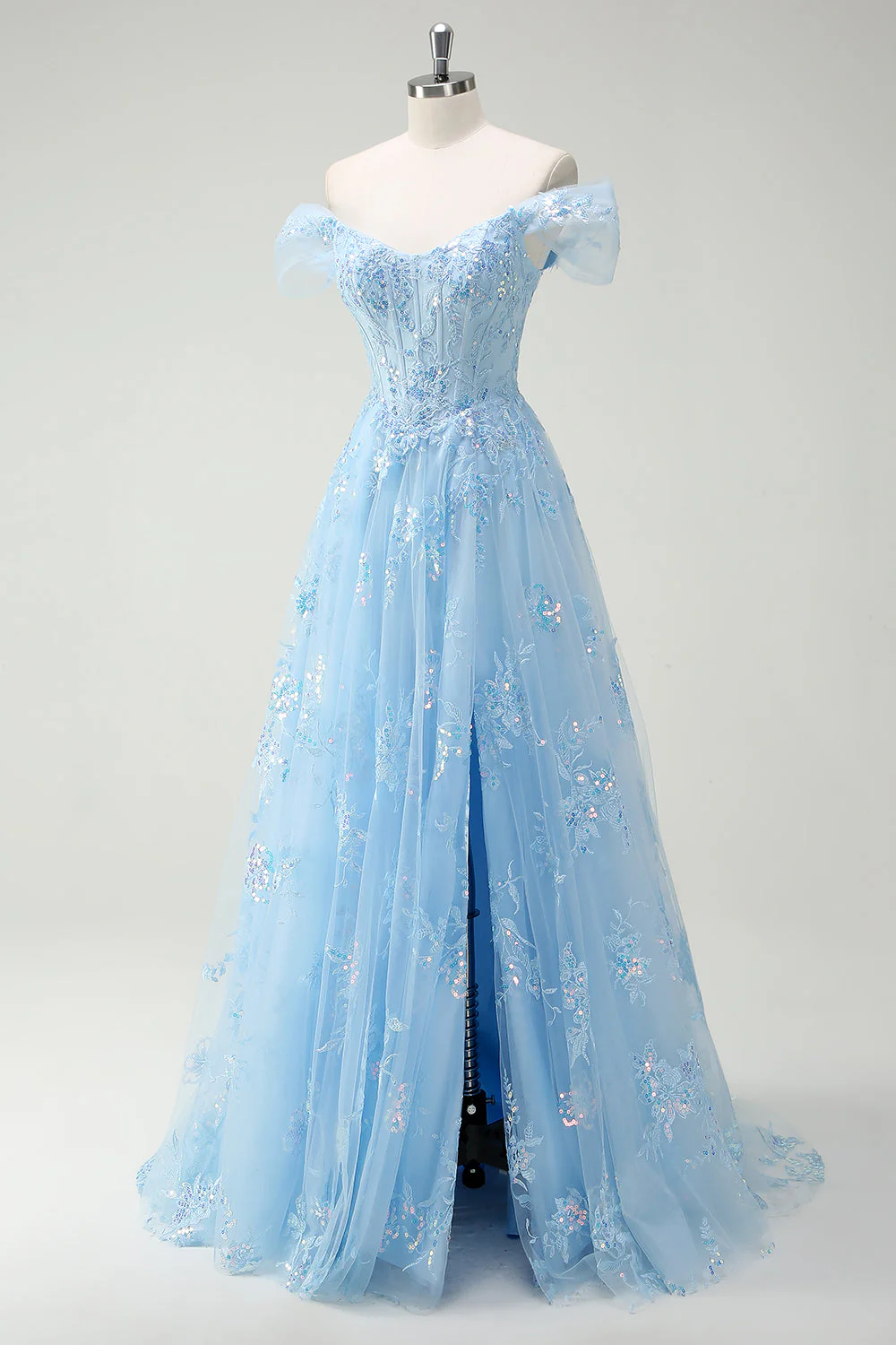 Sparkly Sky Blue Off The Shoulder A-Line Prom Dress with Slit - Image 3