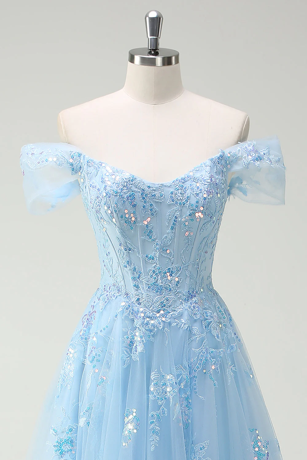 Sparkly Sky Blue Off The Shoulder A-Line Prom Dress with Slit - Image 4