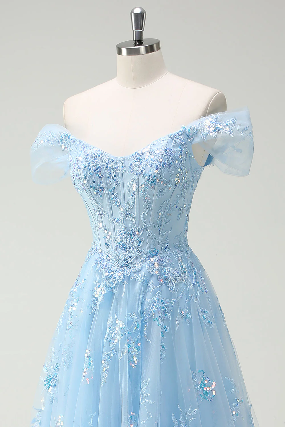 Sparkly Sky Blue Off The Shoulder A-Line Prom Dress with Slit - Image 6
