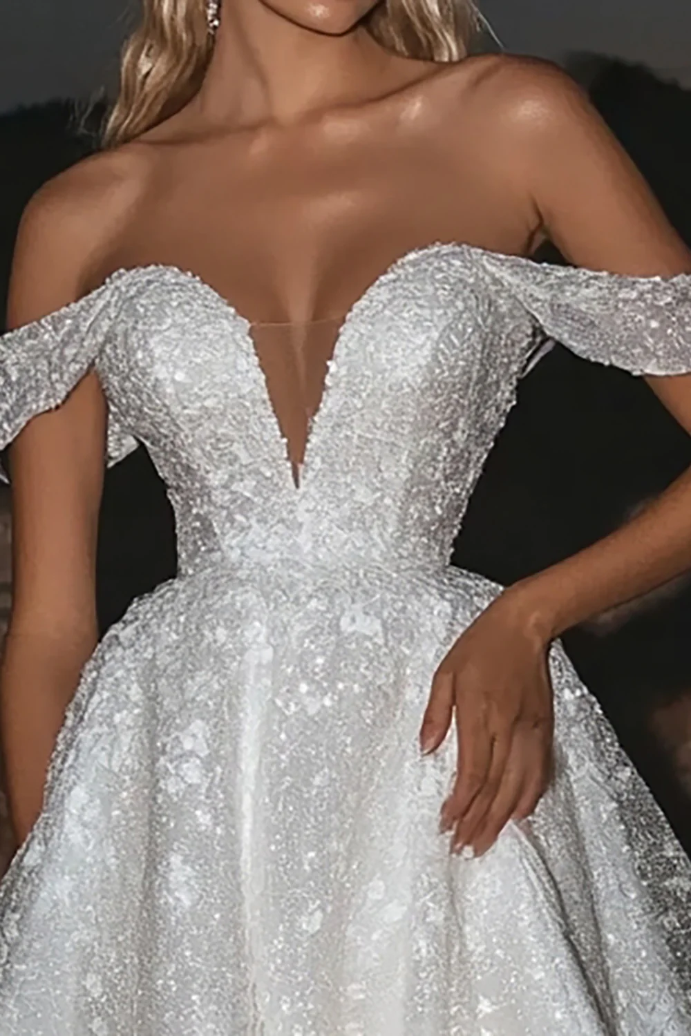 Sparkly Tulle Ivory Off the Shoulder A Line Wedding Dress - Image 3