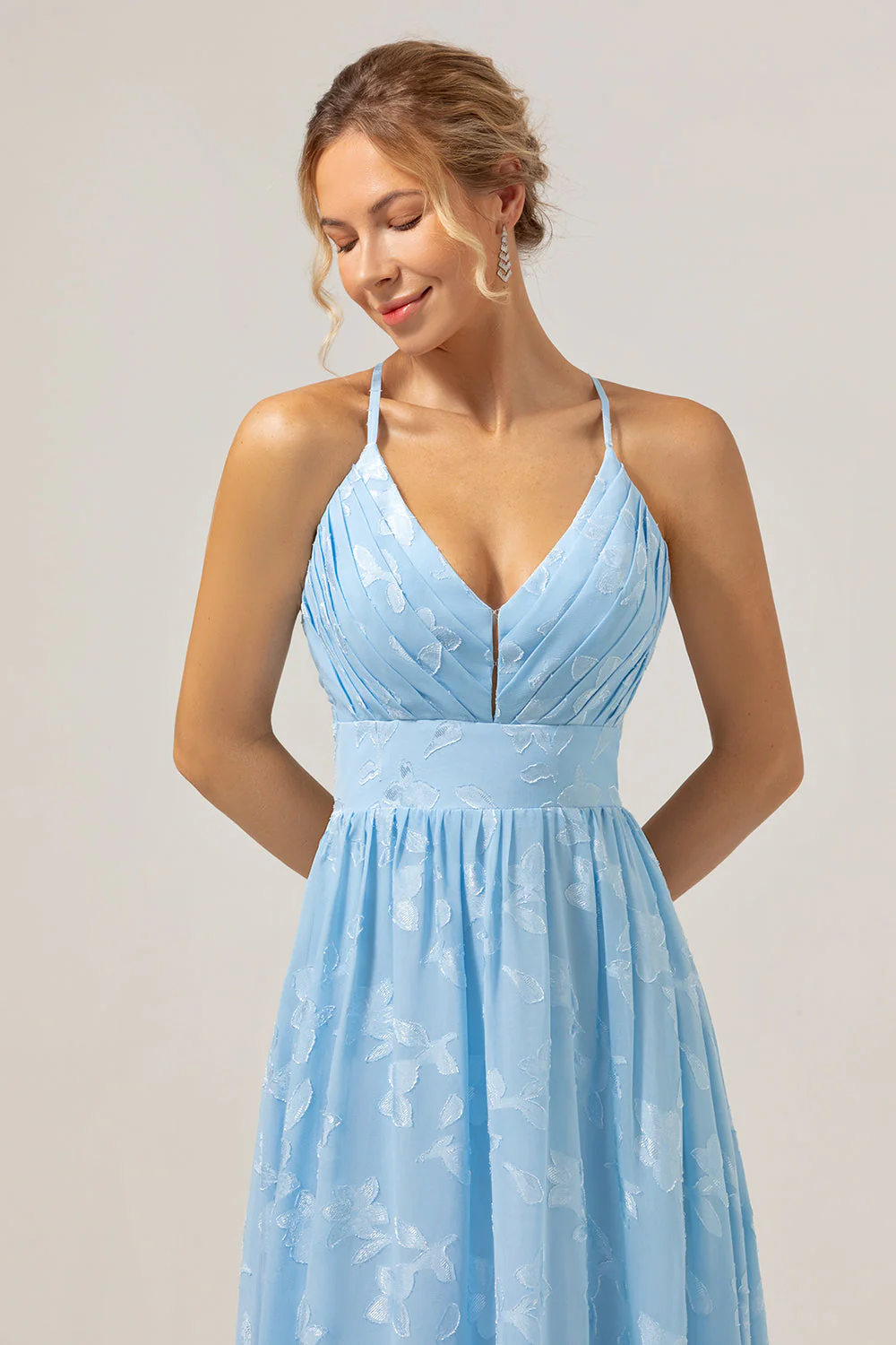 Sparkly Pleated Light Blue Long Bridesmaid Dress with Embroidery - Image 2
