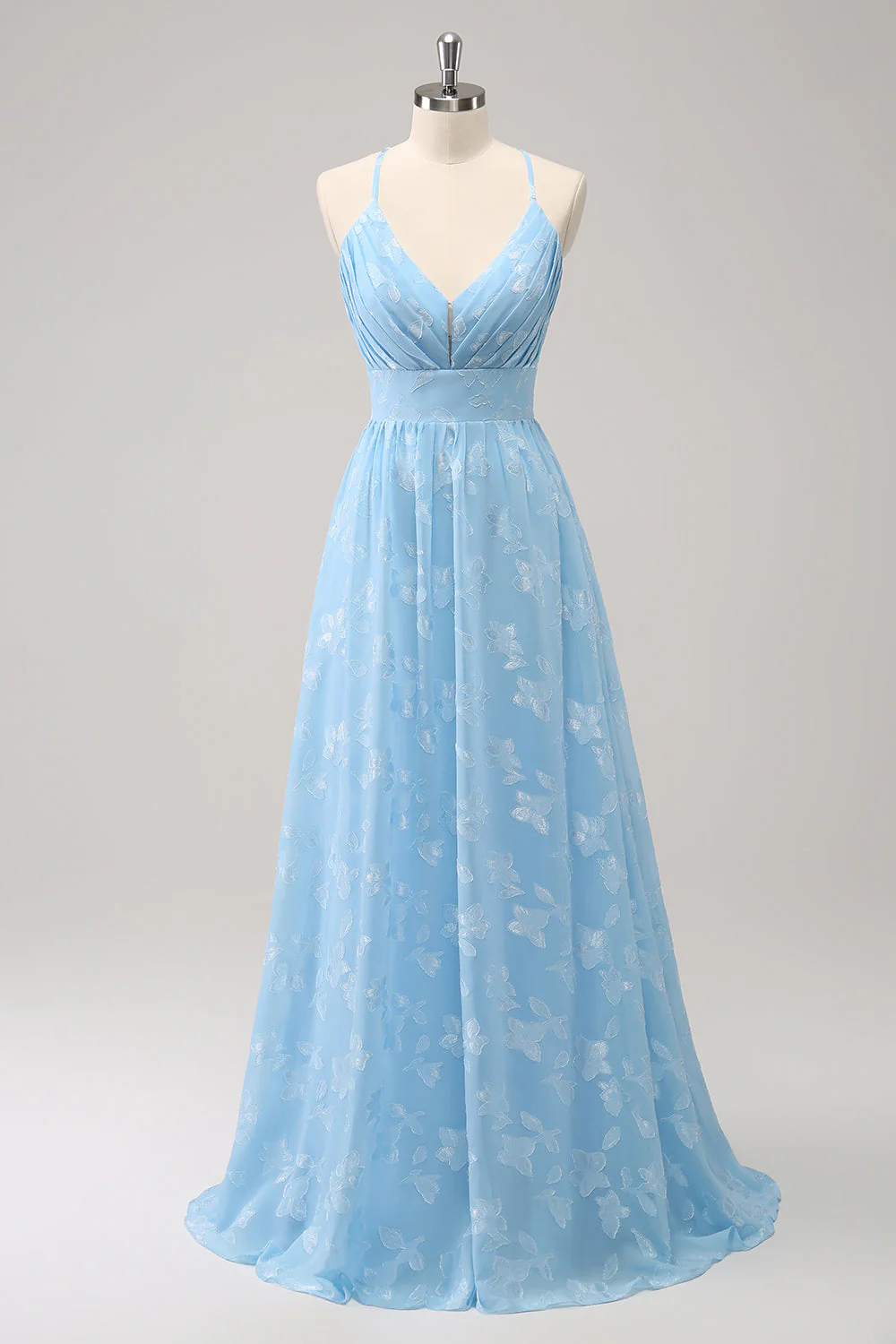 Sparkly Pleated Light Blue Long Bridesmaid Dress with Embroidery - Image 3