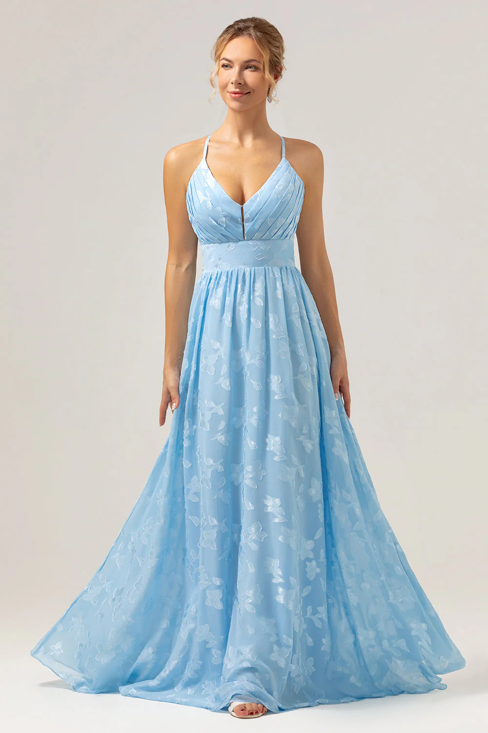 Sparkly Pleated Light Blue Long Bridesmaid Dress with Embroidery - Image 5