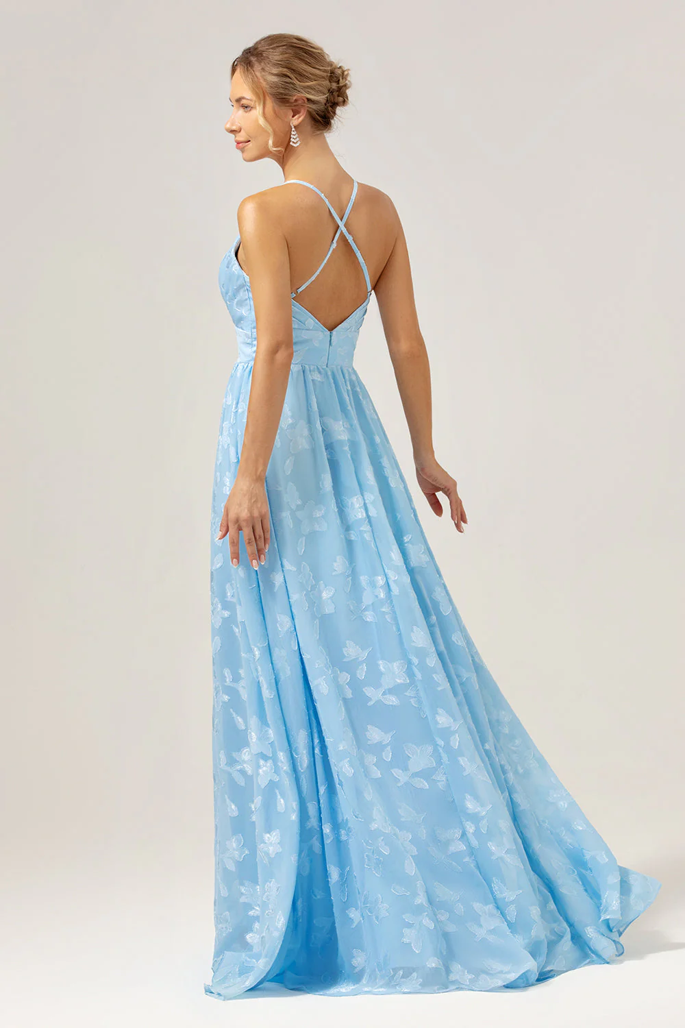 Sparkly Pleated Light Blue Long Bridesmaid Dress with Embroidery - Image 6