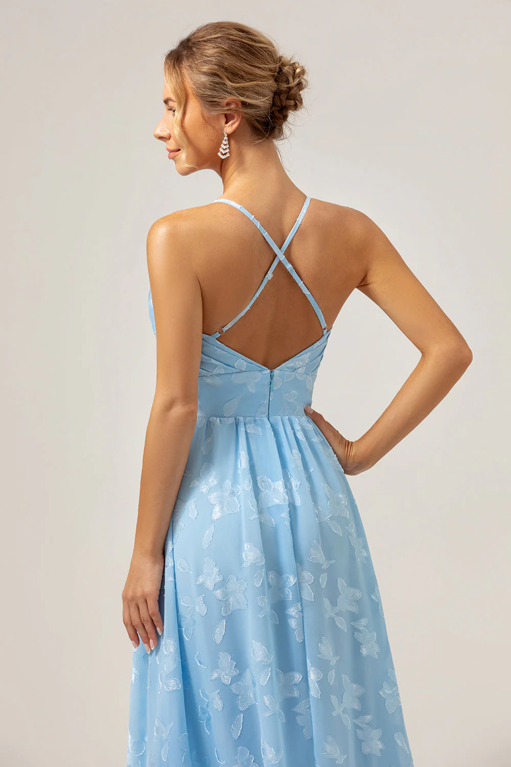 Sparkly Pleated Light Blue Long Bridesmaid Dress with Embroidery - Image 7