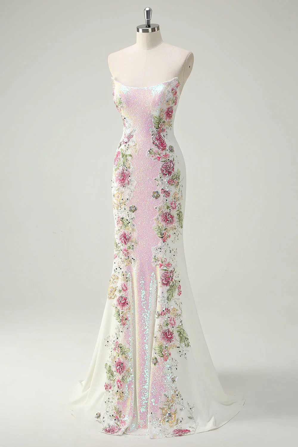 Sparkly White Floral Strapless Mermaid Long Prom Dress - Image 3
