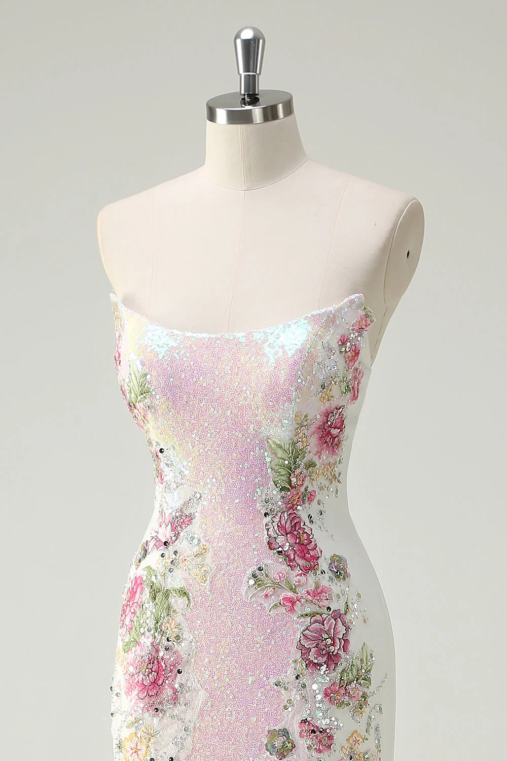 Sparkly White Floral Strapless Mermaid Long Prom Dress - Image 6