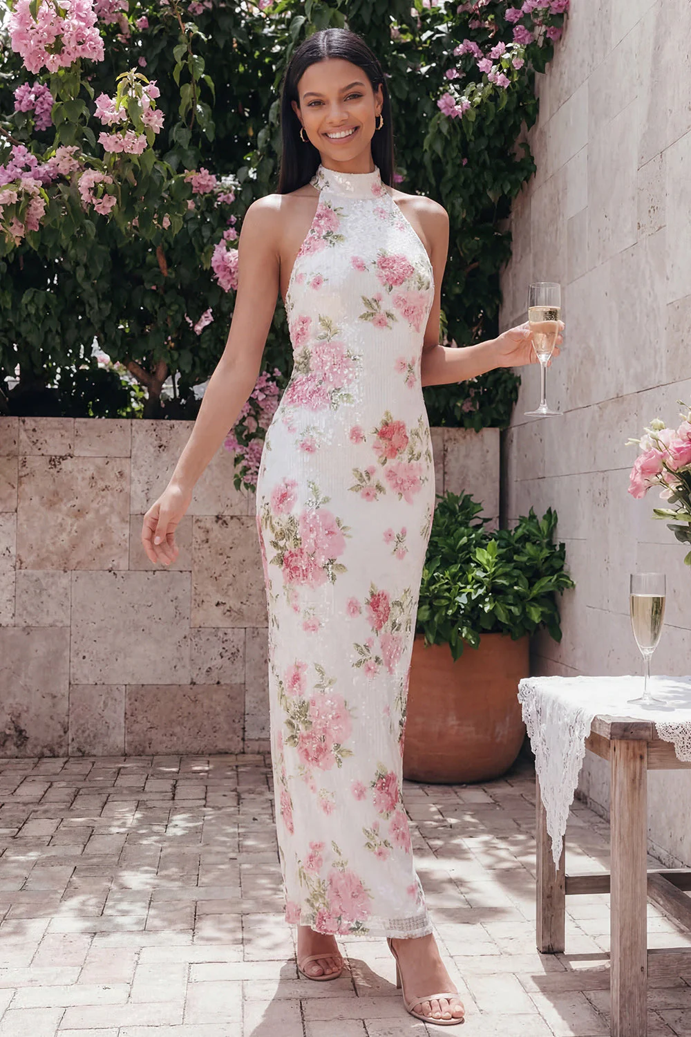 Sparkly White Pink Flower Bodycon Printed Floral Dress with Sequin - Image 2
