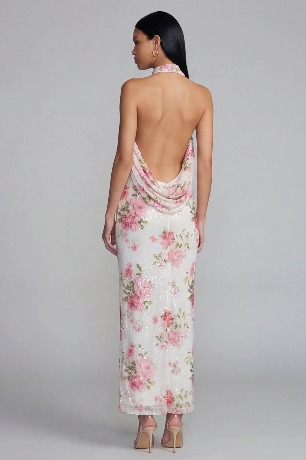 Sparkly White Pink Flower Bodycon Printed Floral Dress with Sequin - Image 3