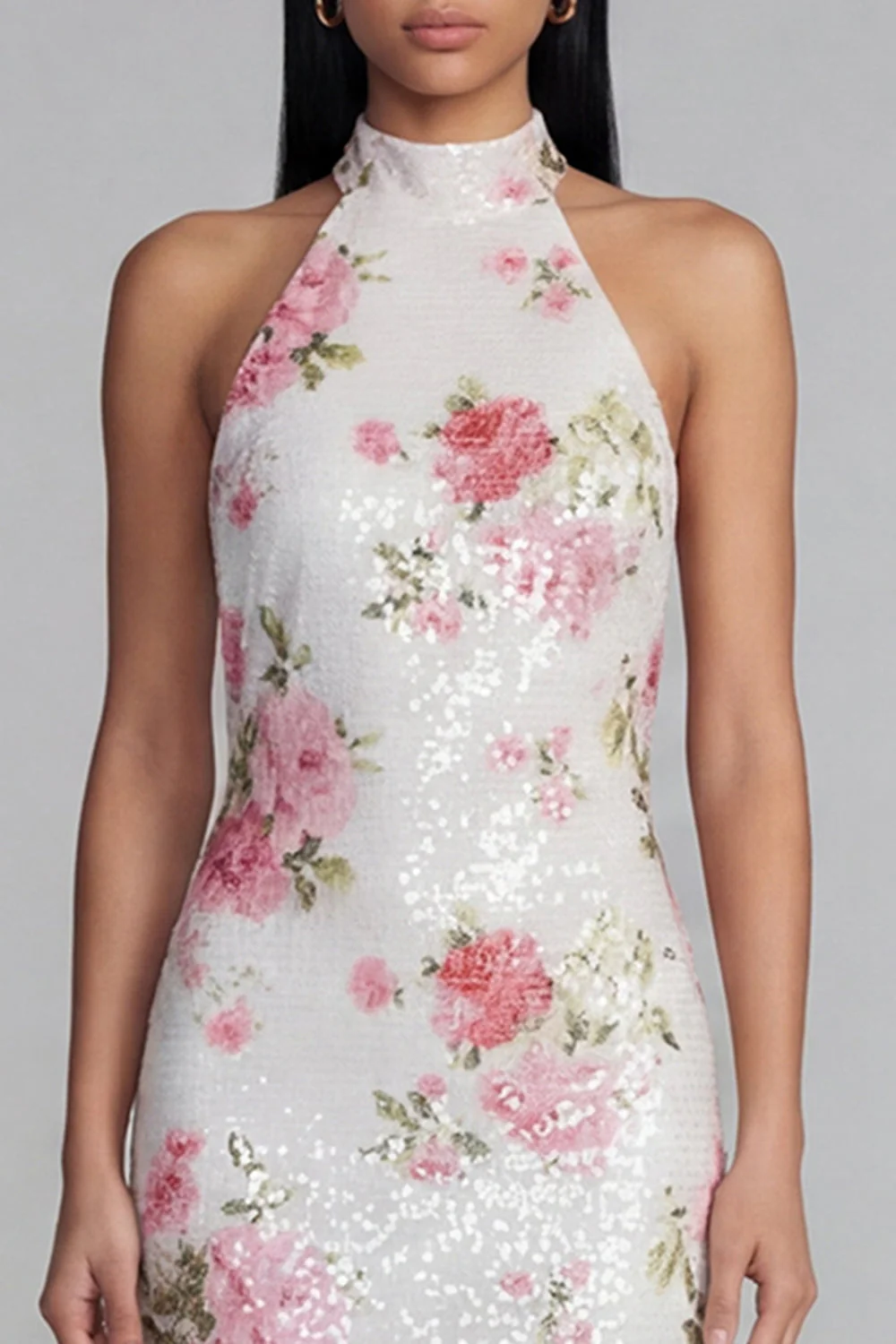 Sparkly White Pink Flower Bodycon Printed Floral Dress with Sequin - Image 4