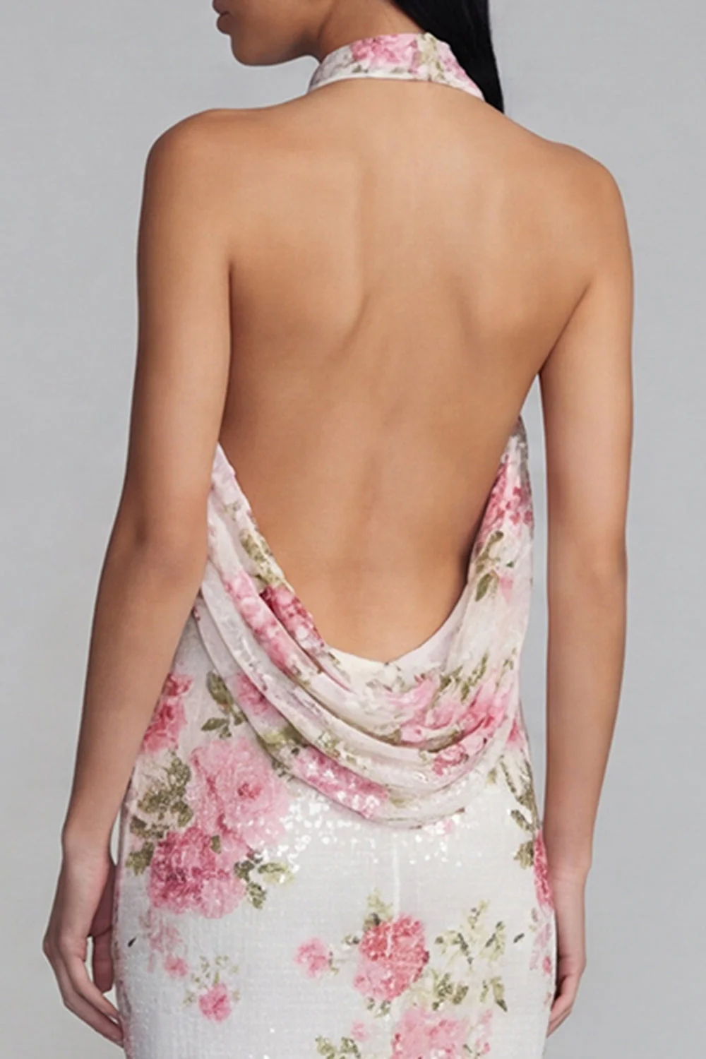 Sparkly White Pink Flower Bodycon Printed Floral Dress with Sequin - Image 5