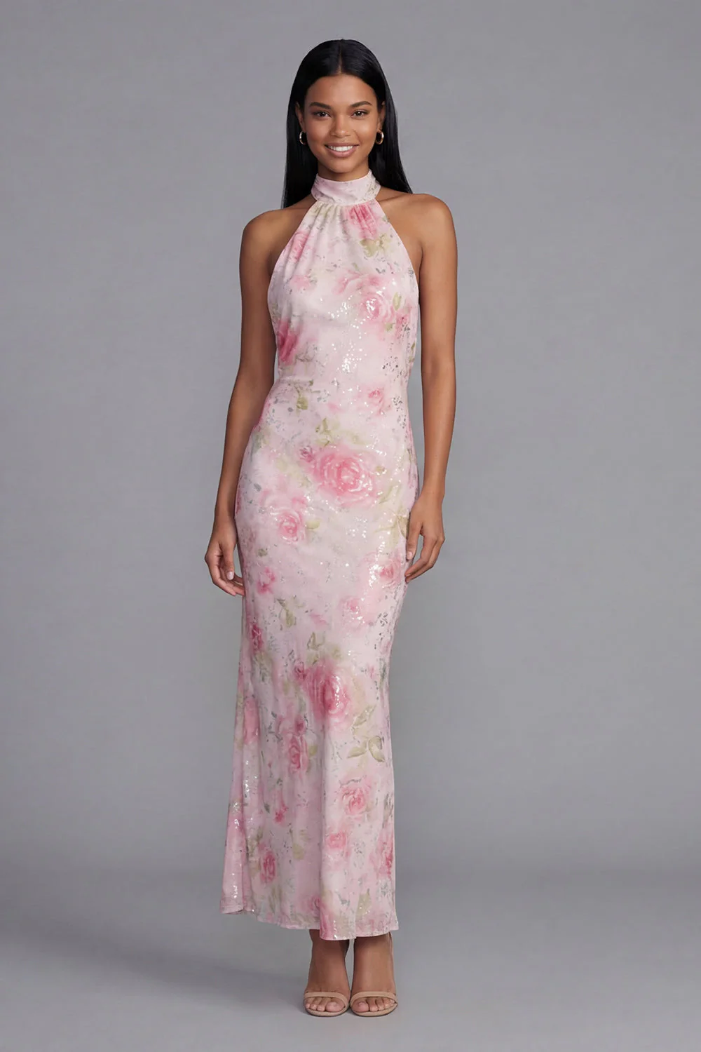 Sparkly White Pink Flower Bodycon Printed Floral Dress with Sequin - Image 6