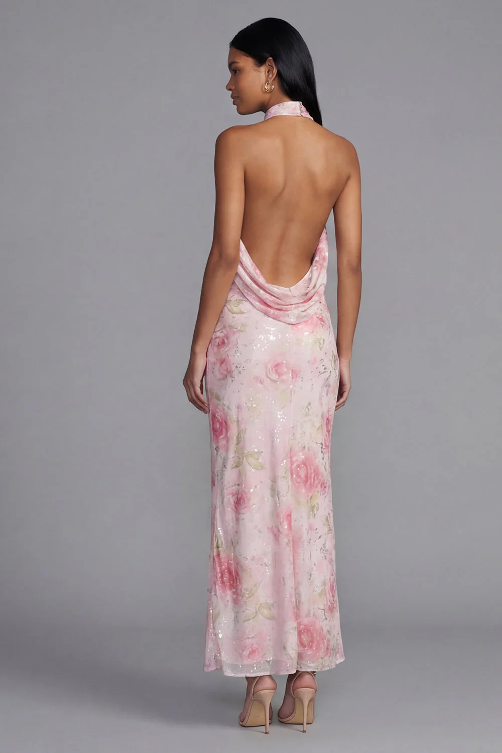 Sparkly White Pink Flower Bodycon Printed Floral Dress with Sequin - Image 8