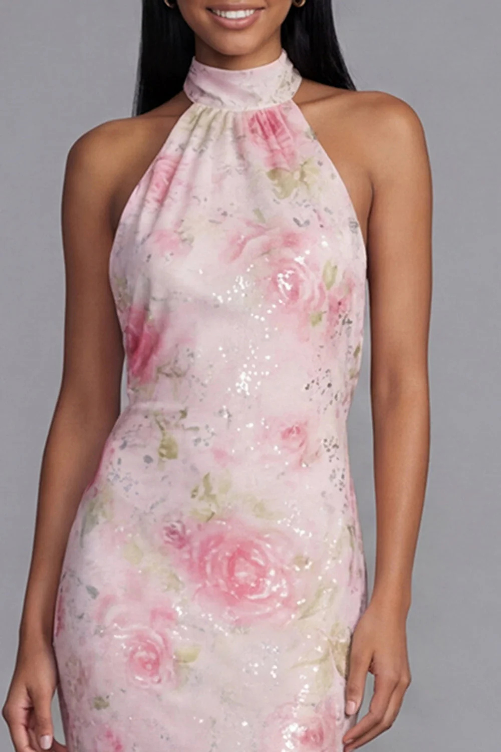 Sparkly White Pink Flower Bodycon Printed Floral Dress with Sequin - Image 9
