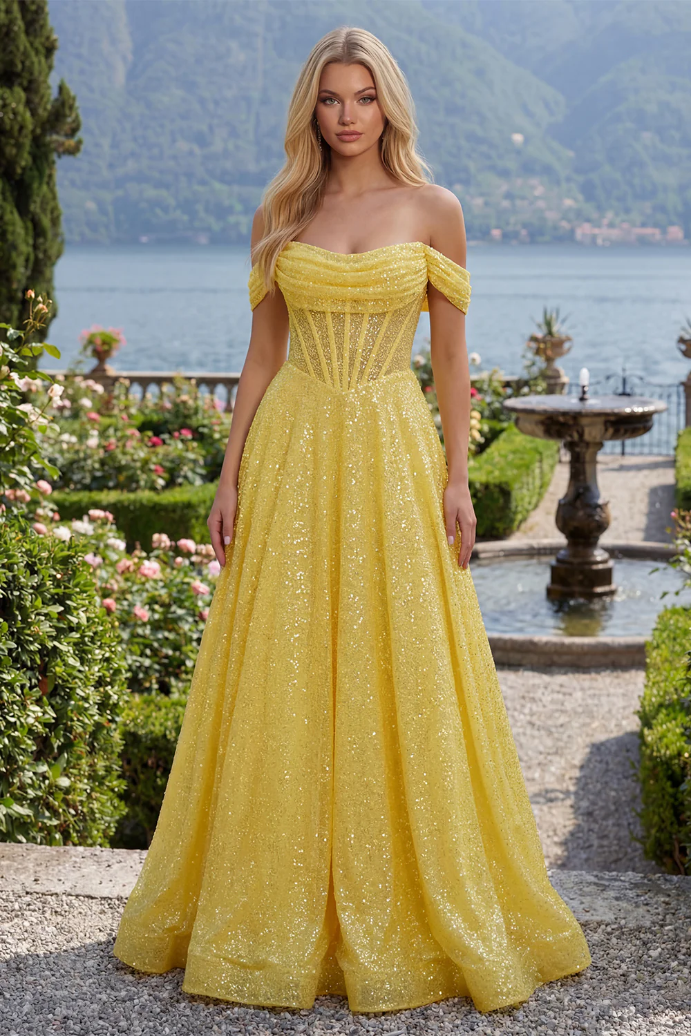 Sparkly Yellow A Line Off The Shoulder Corset Long Prom Dress with Sequins