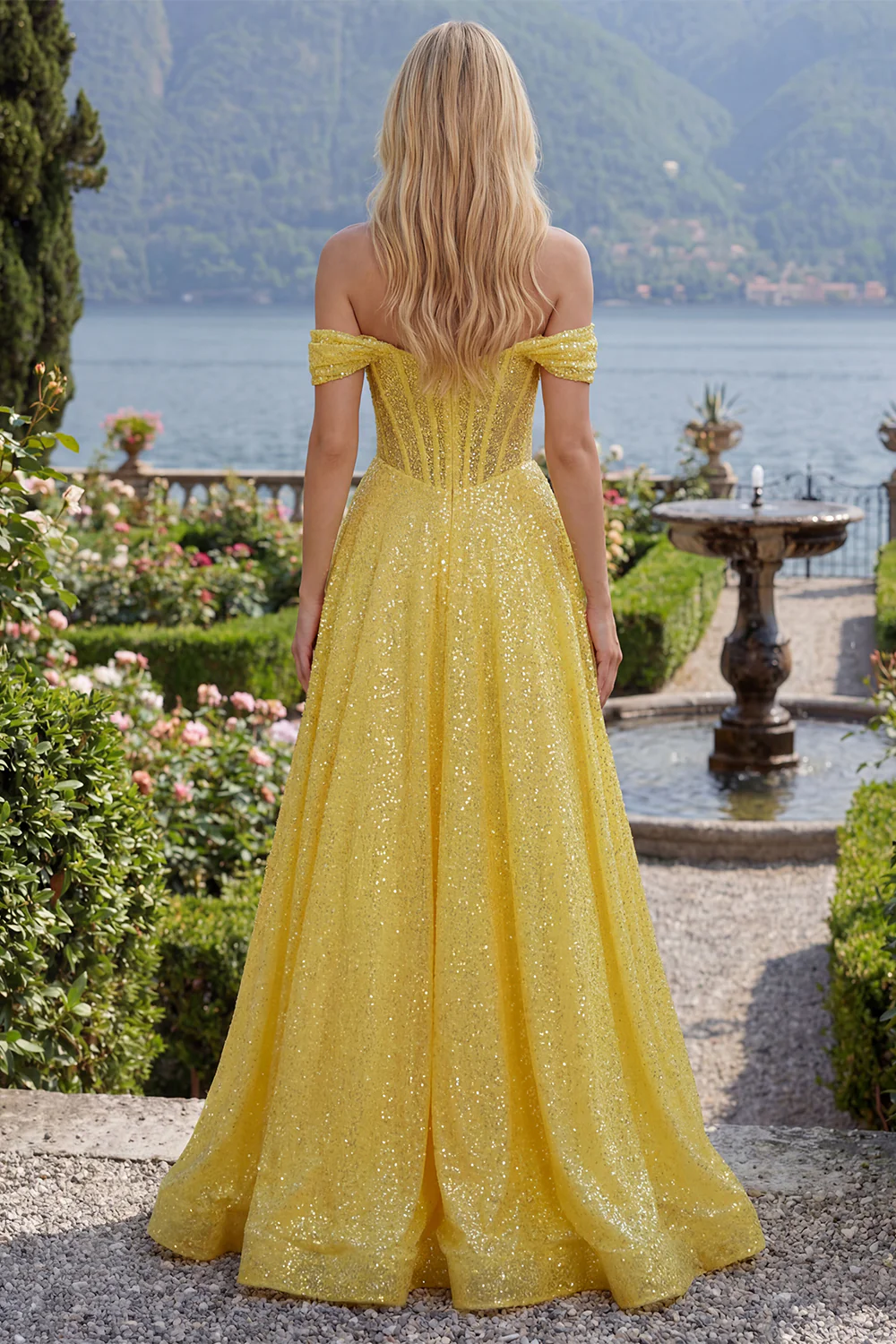 Sparkly Yellow A Line Off The Shoulder Corset Long Prom Dress with Sequins - Image 2