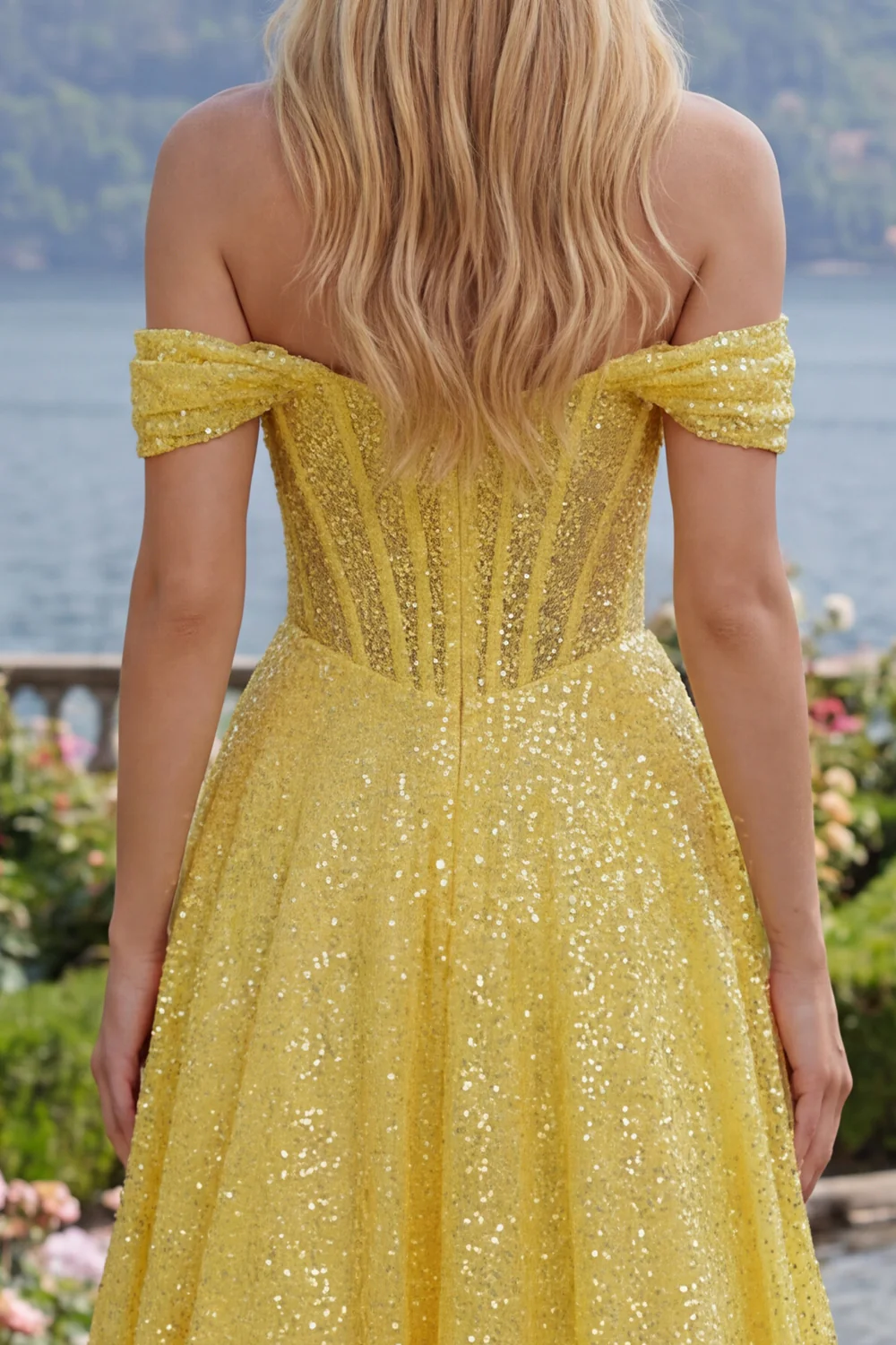 Sparkly Yellow A Line Off The Shoulder Corset Long Prom Dress with Sequins - Image 4