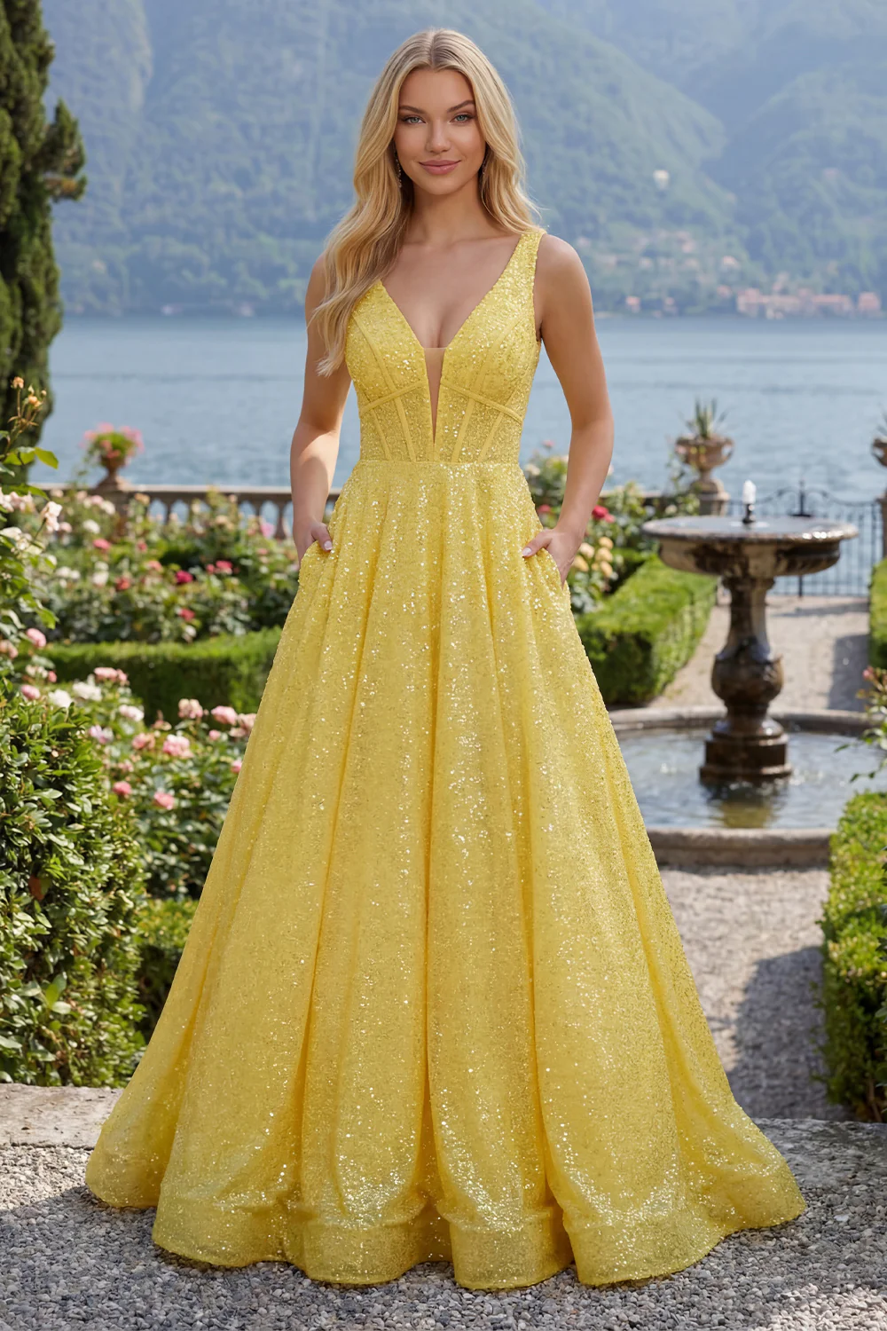 Sparkly Yellow A Line V-Neck Sequin Long Prom Dress with Pockets
