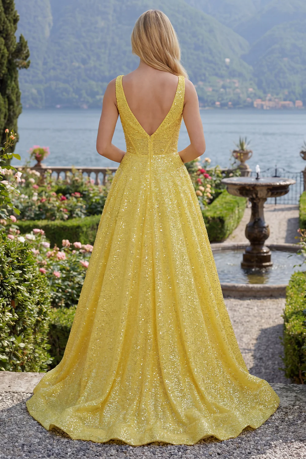 Sparkly Yellow A Line V-Neck Sequin Long Prom Dress with Pockets - Image 2