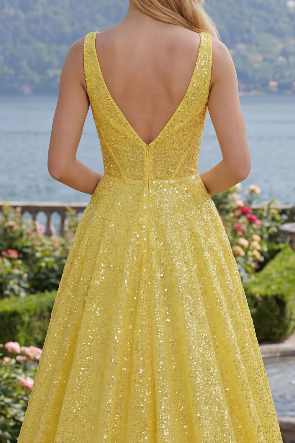 Sparkly Yellow A Line V-Neck Sequin Long Prom Dress with Pockets - Image 4