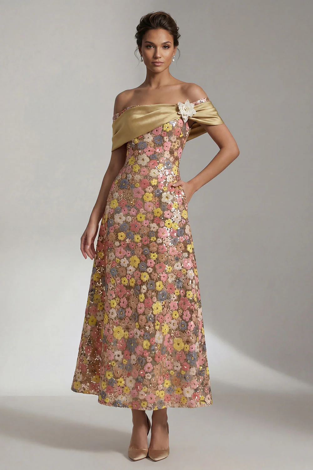 Yellow Sequin Off the Shoulder A Line Long Mother of the Bride Dress