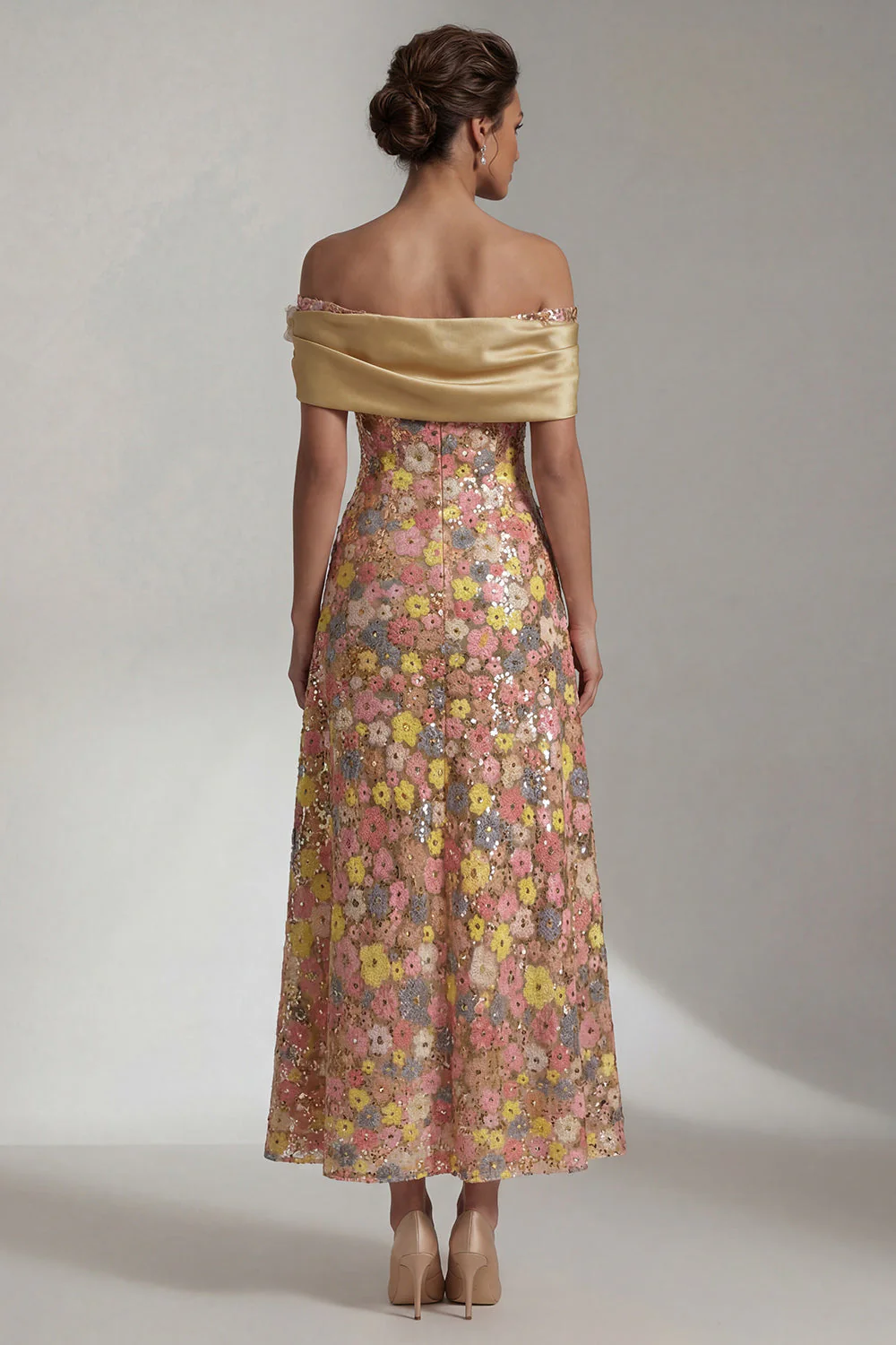 Yellow Sequin Off the Shoulder A Line Long Mother of the Bride Dress - Image 2