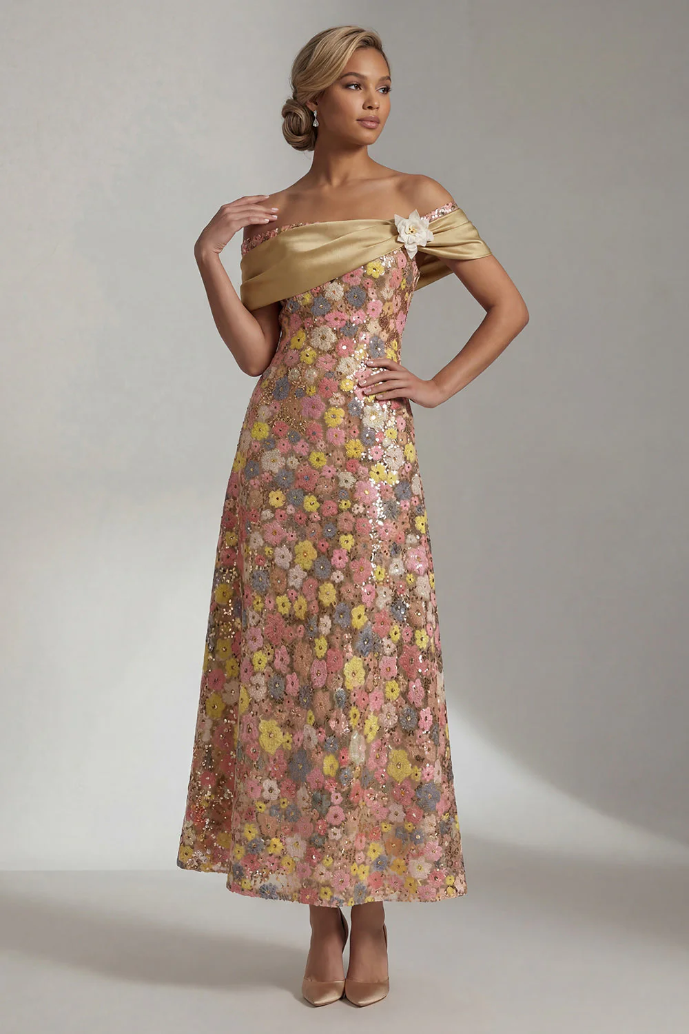 Yellow Sequin Off the Shoulder A Line Long Mother of the Bride Dress - Image 3