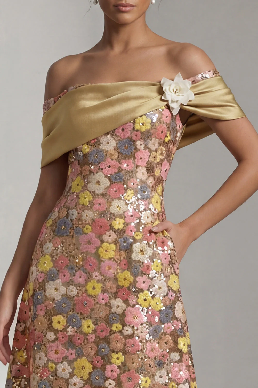 Yellow Sequin Off the Shoulder A Line Long Mother of the Bride Dress - Image 4