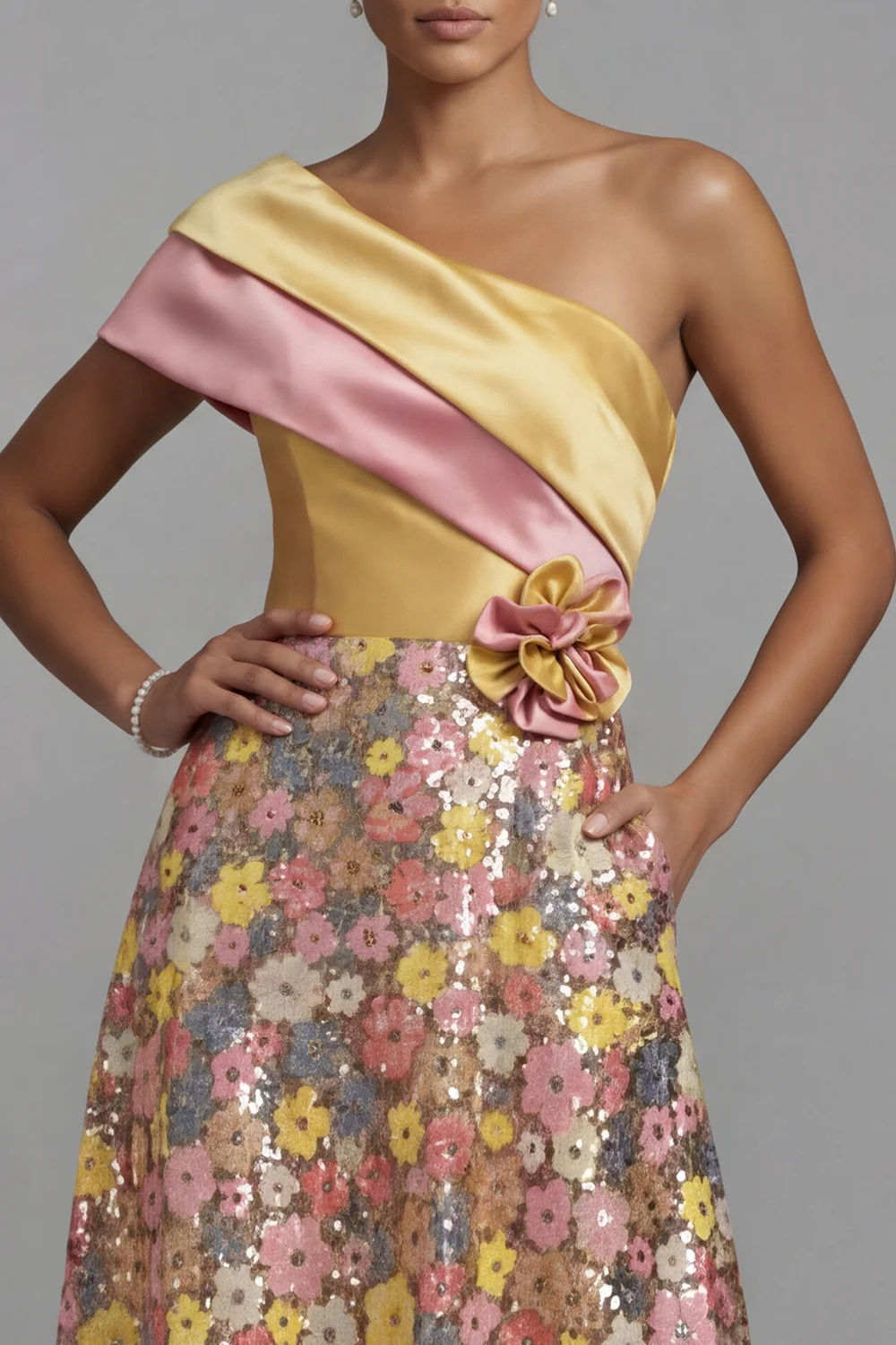 Sparkly Yellow One Shoulder Long Floral A Line Mother of the Bride Dress - Image 3