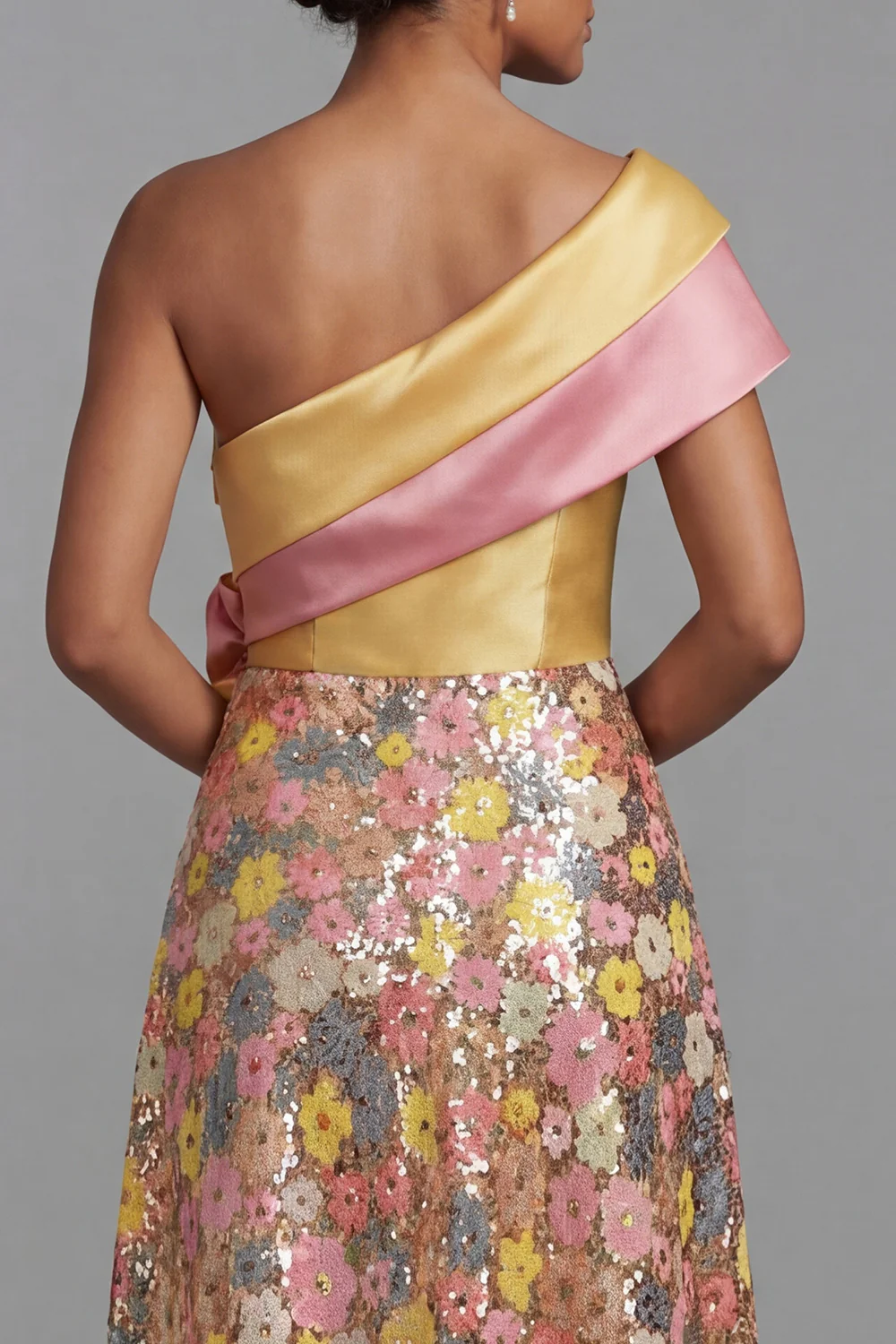 Sparkly Yellow One Shoulder Long Floral A Line Mother of the Bride Dress - Image 4