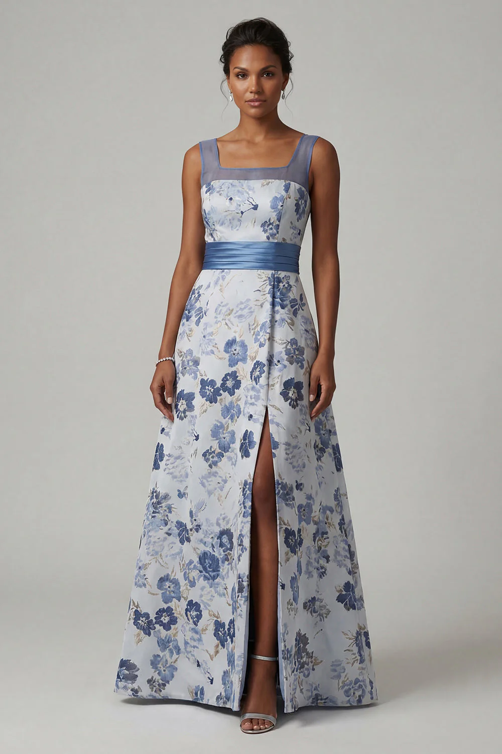 Square Neck A Line Dusty Blue Floral Mother Of Bride Dress