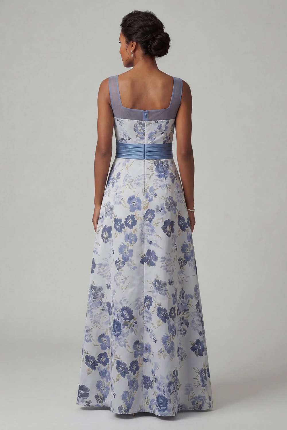 Square Neck A Line Dusty Blue Floral Mother Of Bride Dress - Image 2