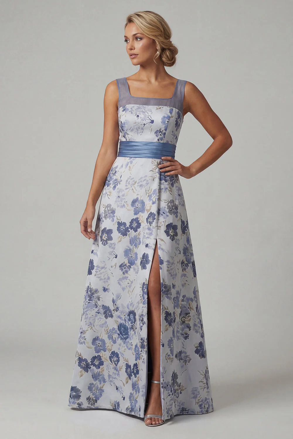 Square Neck A Line Dusty Blue Floral Mother Of Bride Dress - Image 3