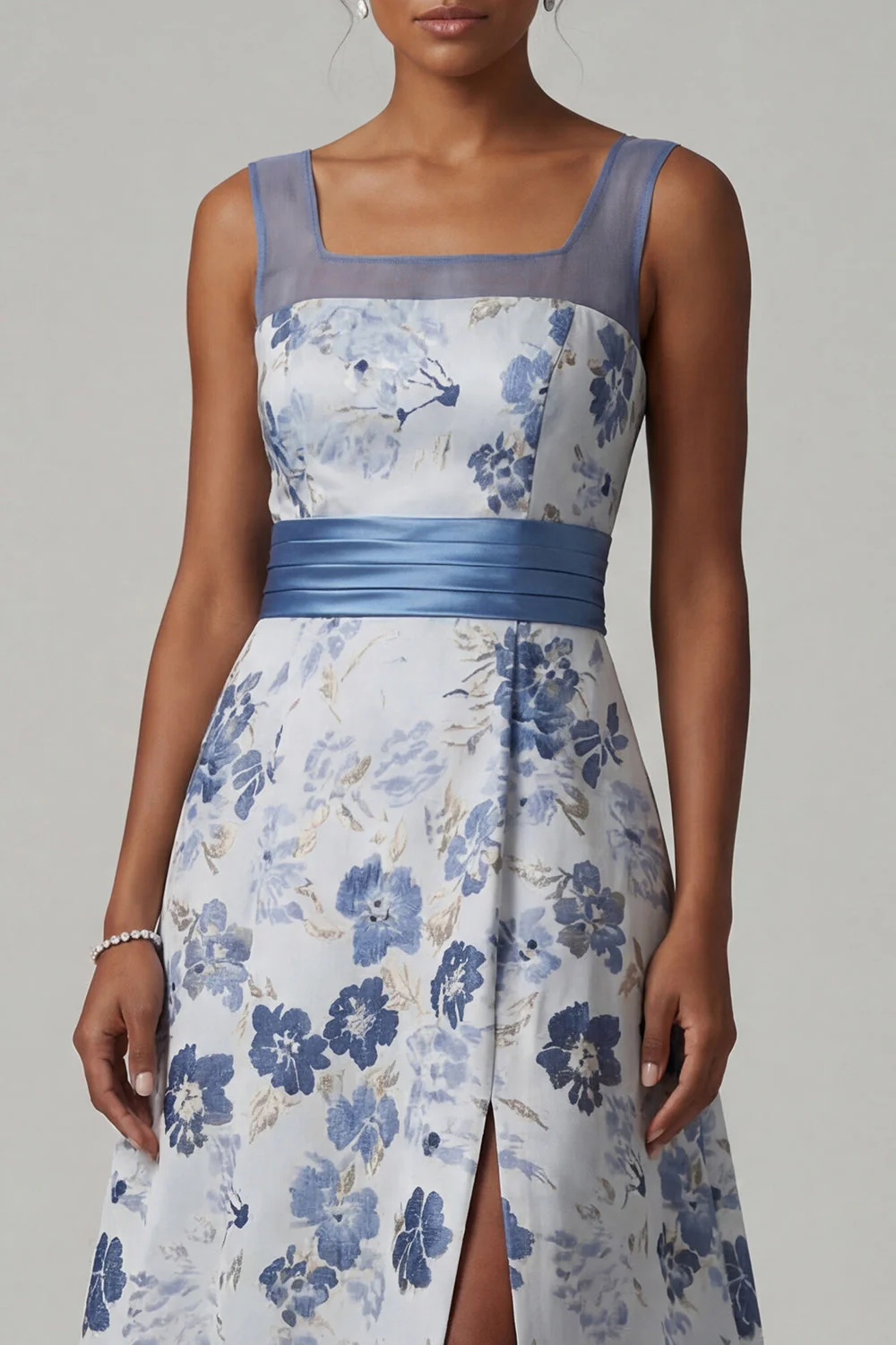 Square Neck A Line Dusty Blue Floral Mother Of Bride Dress - Image 4