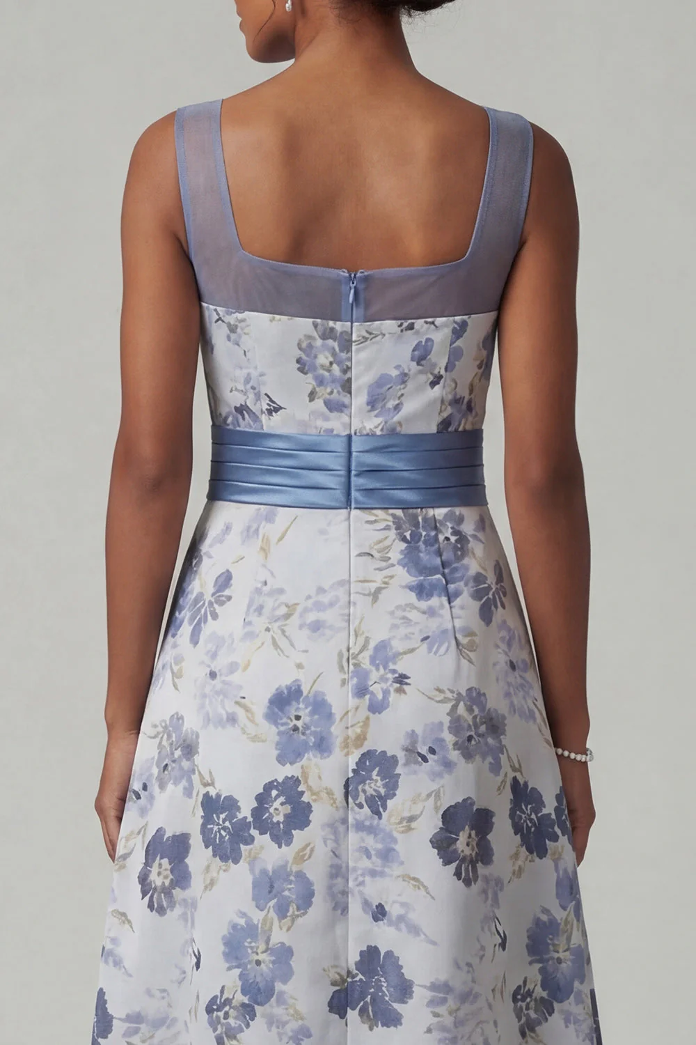 Square Neck A Line Dusty Blue Floral Mother Of Bride Dress - Image 5