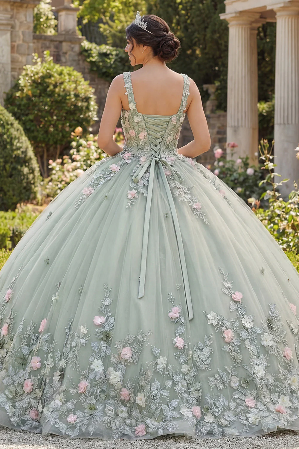 Square Neck Dusty Sage Floral Appliqued Quinceanera Dress - Image 2