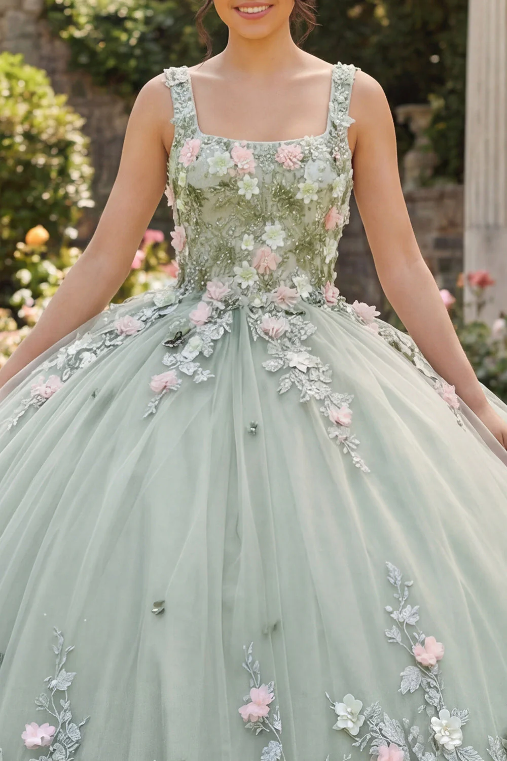 Square Neck Dusty Sage Floral Appliqued Quinceanera Dress - Image 3
