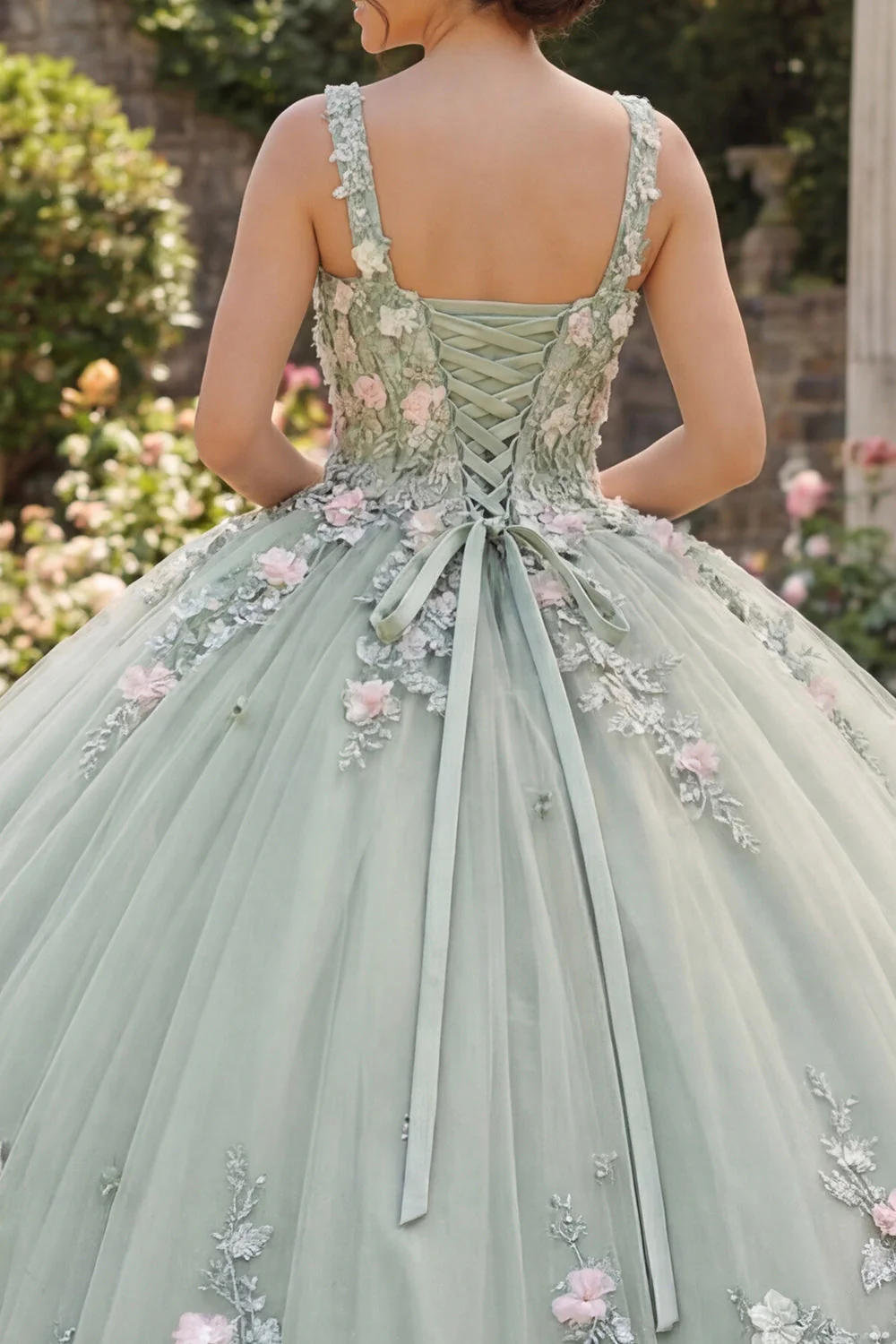 Square Neck Dusty Sage Floral Appliqued Quinceanera Dress - Image 4