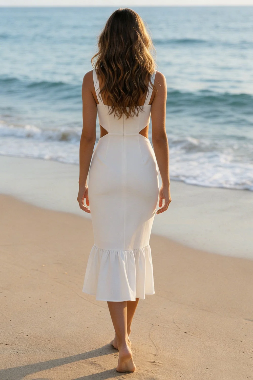 Square Neck Ivory Bodycon Cut Out Rehersal Dinner Dress with Ruffles - Image 2