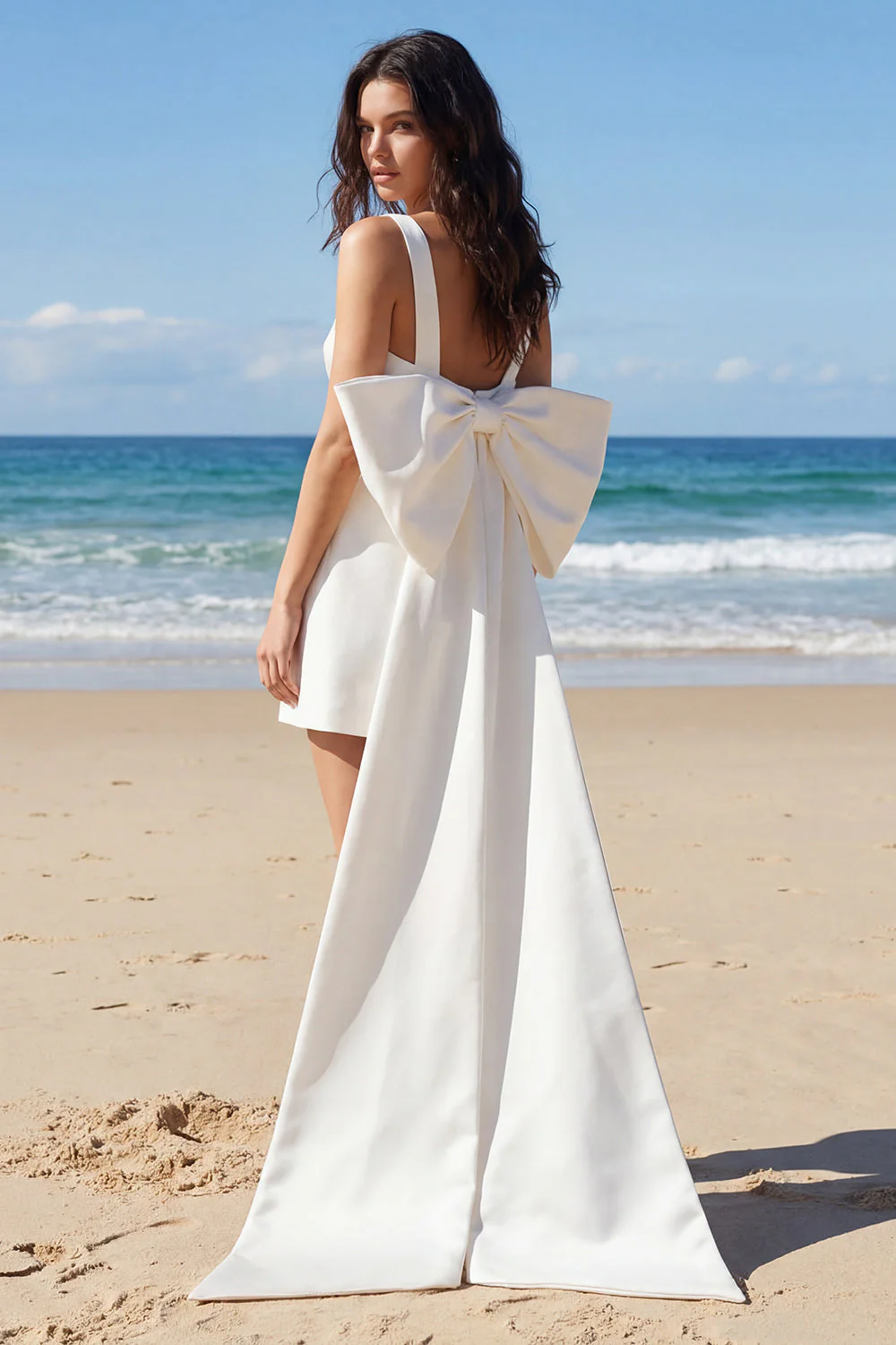 Ivory Bodycon Square Neck Mini Bridal Shower Dress with Large Bow - Image 2
