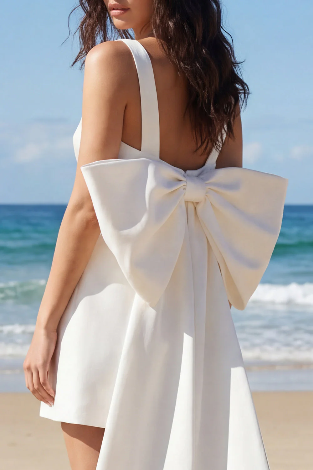 Ivory Bodycon Square Neck Mini Bridal Shower Dress with Large Bow - Image 4