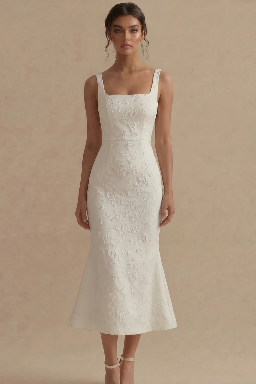 Square Neck Jacquard White Mermaid Midi Engagement Dress