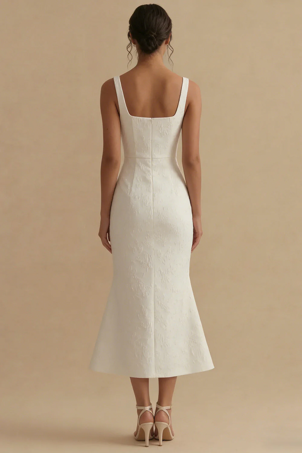 Square Neck Jacquard White Mermaid Midi Engagement Dress - Image 2