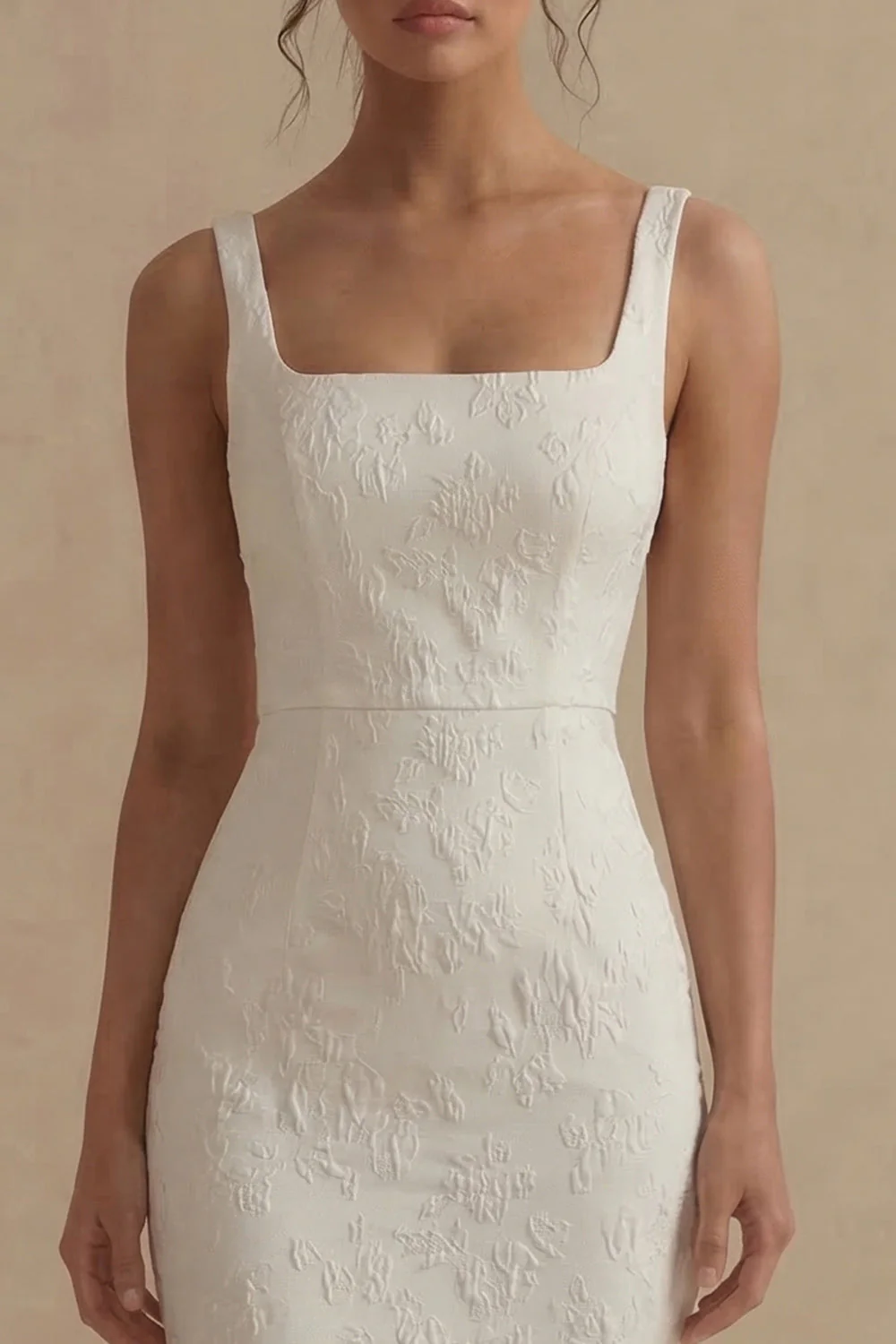 Square Neck Jacquard White Mermaid Midi Engagement Dress - Image 3