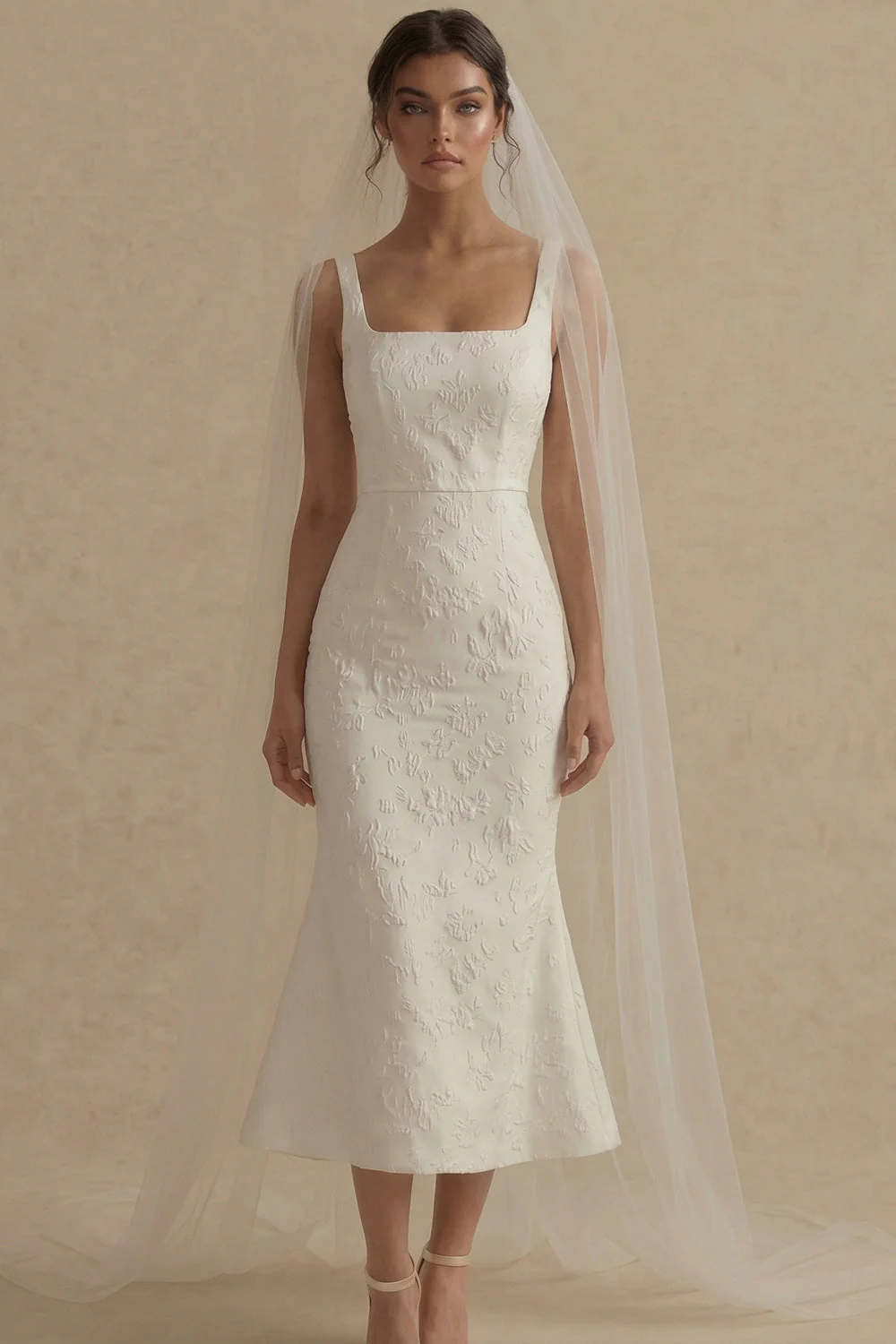 Square Neck Jacquard White Mermaid Midi Engagement Dress - Image 5